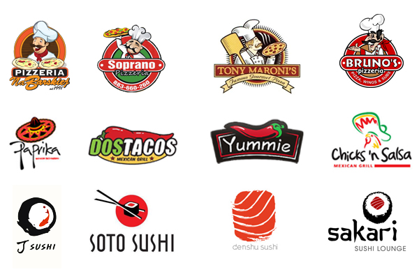 Projekty logo restauracji meksykańskich, sushi i pizzerii