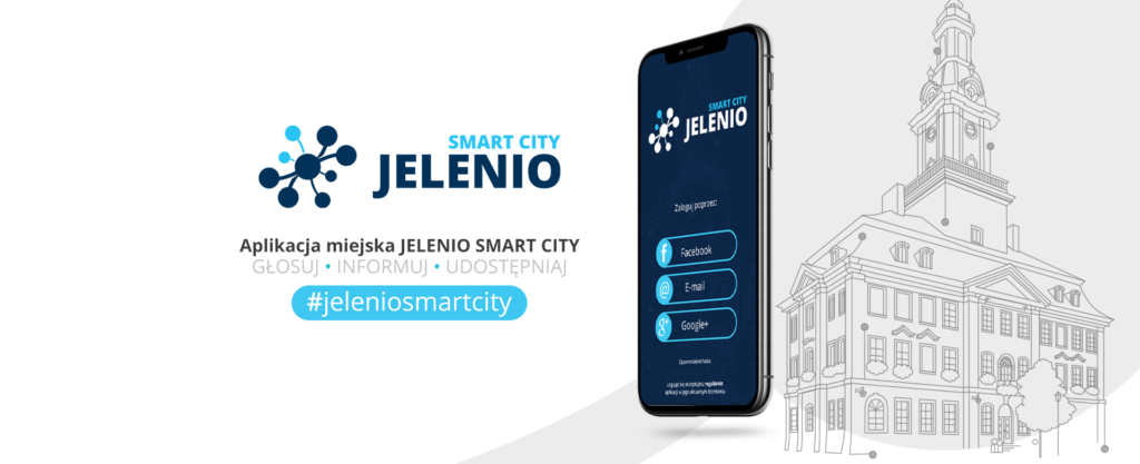 Logo dla Gminy Jelenia Góra. Na grafice widocza propozycja aplikacji gminnej Jelenio.