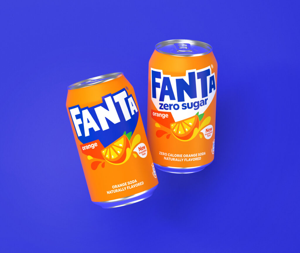 Nowe logo Fanta. Na grafice widoczne puszki.