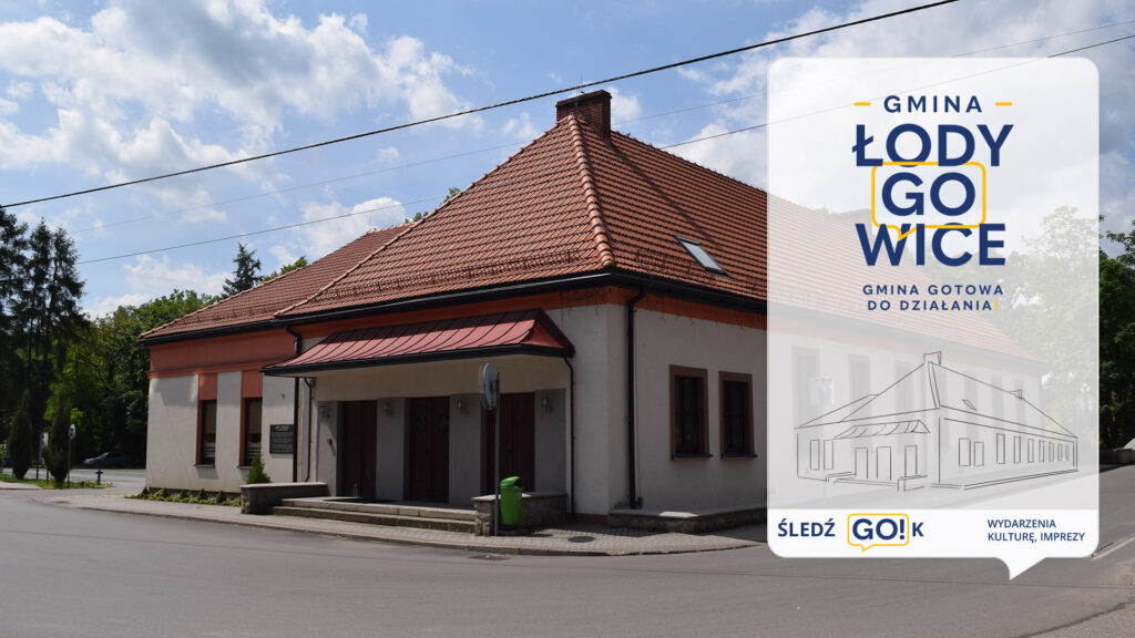 Grafika promująca gminę Łodygowice. Na zdjęciu widoczny Gminny Ośrodek Kultury.